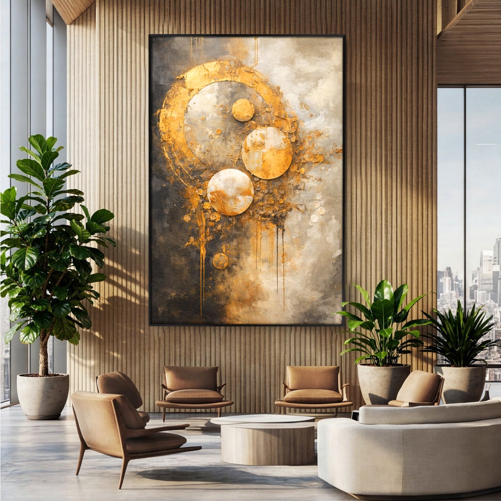 Tablou canvas cu tablou canvas abstract cu cercuri aurii, in rama de aluminiu negru, pe perete intr-un birou